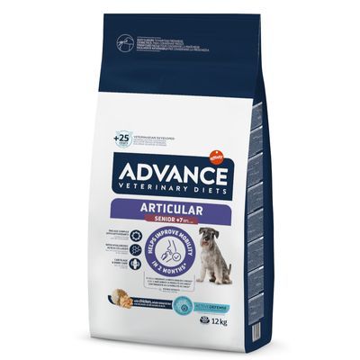 ADVANCE Veterinary Diets Articular Senior +7 m., afbeelding van hond, 12 kg zak. Tekst: 'Helps improve mobility in 2 months'.