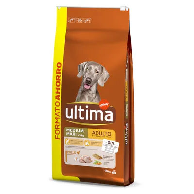 Sac de croquettes pour chien Affinity Ultima Medium Maxi Adulte, format 18 kg, saveur poulet, mention « FORMATO AHORRO » sur le côté, texte en espagnol visible sur l’emballage.