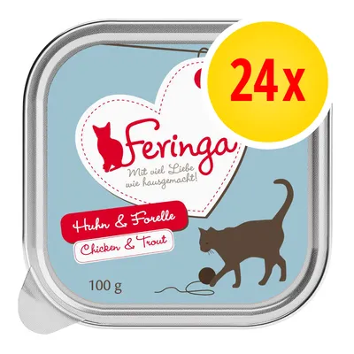 Feringa Huhn & Forelle, 100 g. Verpakking toont kat en tekst: 'Mit viel Liebe wie hausgemacht!'. Geel label met '24x' in rood. Feringa Huhn & Forelle, 100 g. Verpakking toont kat en tekst: 'Mit viel Liebe wie hausgemacht!'. Geel label met '24x' in rood.