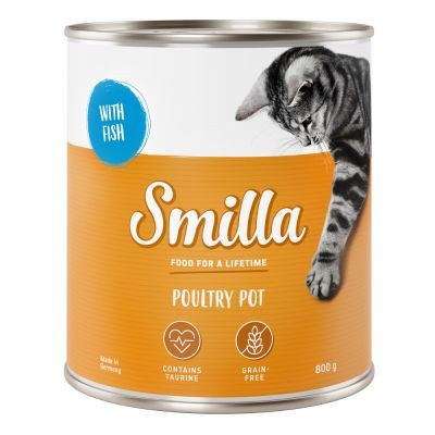 Smilla FOOD FOR A LIFETIME POULTRY POT, WITH FISH, contains taurine, grain-free, 800 g. Kat på dåsen. Made in Germany.