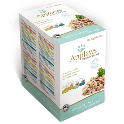 Applaws Natural Cat Food, Mixed Multipack in a tasty jelly, 12 x 70 g annospussit. Pakkauksessa näkyy neljä erilaista makua ja teksti 'Made with natural ingredients'. Applaws Natural Cat Food, Mixed Multipack in a tasty jelly, 12 x 70 g annospussit. Pakkauksessa näkyy neljä erilaista makua ja teksti 'Made with natural ingredients'.