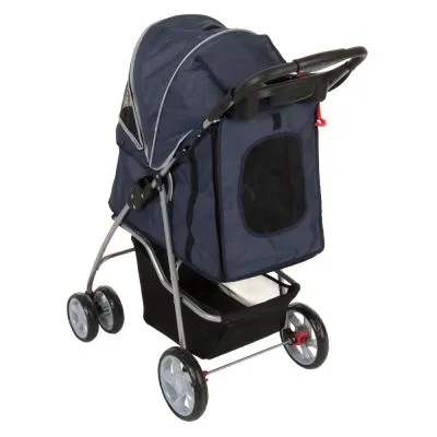 Passeggino per animali con struttura in metallo, tessuto blu e nero, quattro ruote, maniglia nera e vano portaoggetti inferiore visibile.