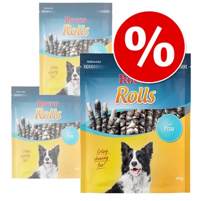 Rocco Rolls with Fish, resealable 200g packs, visible text: Crispy chewing fun!, large red percentage discount symbol