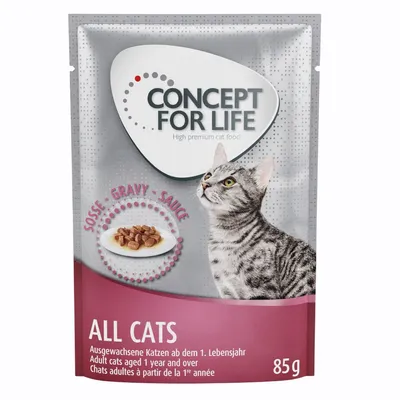 CONCEPT FOR LIFE High premium cat food, ALL CATS, sås, för vuxna katter från 1 år, 85 g. Text på engelska, tyska och franska synlig på förpackningen.