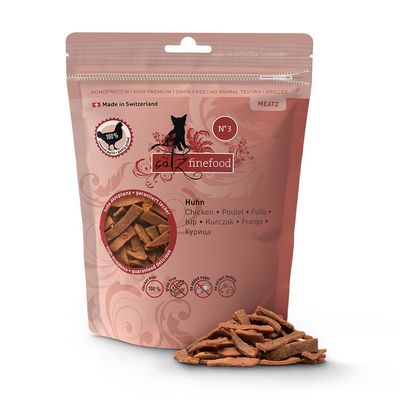 Confezione catz finefood Meatz N°3 Huhn, snack per gatti al pollo. Testo visibile: Made in Switzerland, monoprotein, grain free, no animal testing, 100 %, senza zuccheri aggiunti.
