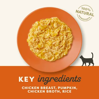 Fő összetevők: chicken breast, pumpkin, chicken broth, rice. 100% natural ingredients felirat látható. Narancssárga tányéron macskaeledel.