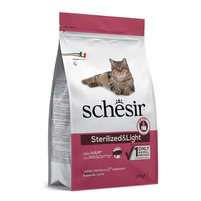 Zak Schesir Sterilized & Light kattenvoer, 1,5 kg. Tekst: With HAM, ONLY 1 ANIMAL PROTEIN, Italian product. Afbeelding van een kat op de verpakking.