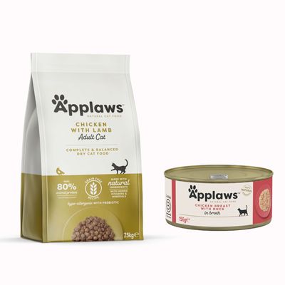 Applaws Natural Cat Food karma sucha dla kotów dorosłych Chicken with Salmon, 80% białka zwierzęcego, bez zbóż, puszka z piersią kurczaka i kaczką, znak procentowy oznaczający promocję.