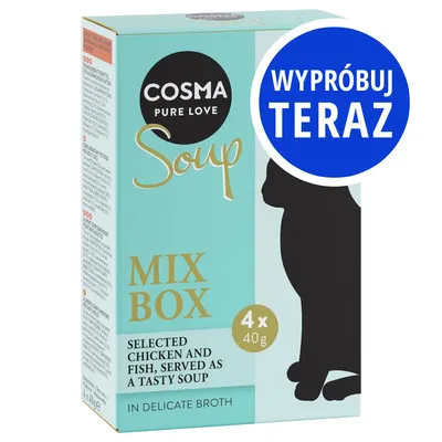 COSMA Pure Love Soup Mix Box 4×40 g. Wypróbuj teraz. Na opakowaniu: selected chicken and fish, served as a tasty soup in delicate broth.