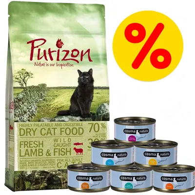 Purizon droog kattenvoer met lam en vis, 400 g. Zes blikken Cosma Nature natvoer: kip & tonijn, tonijn, kipfilet, kip & kippenlever, tonijn & zalm, zalm. Geel kortingssymbool zichtbaar.