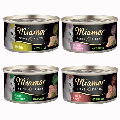 Miamor Feine Filets Huhn & Thun Naturell, sada konzerv pro kočky. Modrý kruh s textem: NYNÍ VYZKOUŠEJTE.