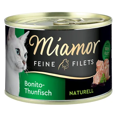 Miamor Feine Filets Bonito-Tonno, naturale, 100% filetto. Lattina con motivo di gatto e immagine di tonno.