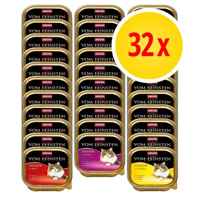 32 tacki Animonda Vom Feinsten Senior dla kotów, widoczne smaki: z wołowiną, jagnięciną i drobiem. Opakowania z wizerunkiem kota i nazwą produktu.