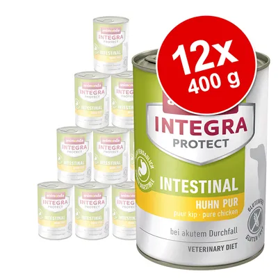 Animonda Integra Protect Intestinal Huhn Pur, 12 blikken à 400 g. Tekst op blik: puur kip, bij acuut diarree, glutenvrij, licht verteerbaar, veterinary diet.