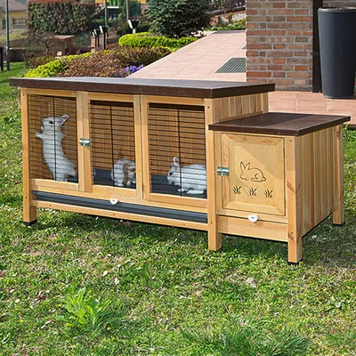 Houten konijnenhok met metalen tralies, drie konijnen zichtbaar binnenin. Zijvak met deur en gegraveerde afbeelding van een konijn op het hout. Geschikt voor buitengebruik.