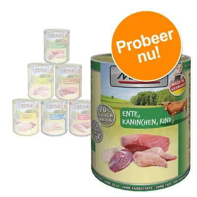 MAC's natvoer blik, zichtbare smaken: eend, konijn, rund. Tekst: 70% vleesaandeel, graanvrij, zonder soja/kleurstoffen. Oranje cirkel met tekst: Probeer nu!