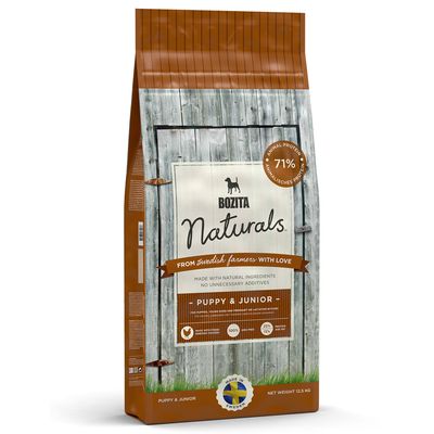 Bozita Naturals Puppy & Junior hondenvoer, 71% dierlijk eiwit, made with natural ingredients, no unnecessary additives, made in Sweden, netto gewicht 12,5 kg zichtbaar op verpakking.