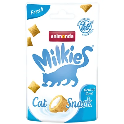 Animonda Milkies Cat Snack Fresh, Dental Care, graanvrij. Katten snack met romige vulling, verpakking toont blauwe kat en snacks.