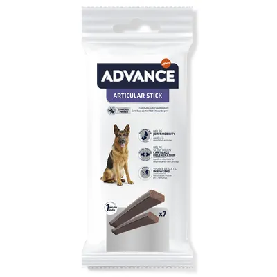 Advance Articular Stick, sachet avec un chien, 7 sticks visibles. Texte anglais : helps joint mobility, helps slow cartilage degeneration, visible results in 6 weeks, 1 per day.