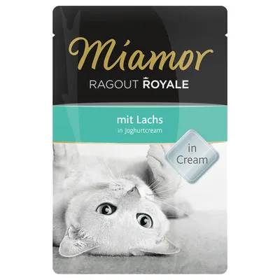 Miamor Ragout Royale med laks i yoghurtcreme, emballage viser en liggende kat og teksten 'in Cream'.