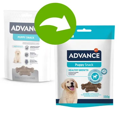 Opakowanie ADVANCE Puppy Snack, 150 g, widoczny napis Healthy Growth, z wizerunkiem szczeniaka i ciasteczkami w kształcie kości z napisem ADVANCE.