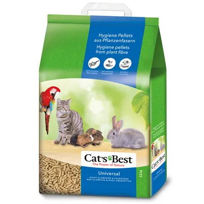 Опаковка Cat's Best Universal 11 кг, хигиенни пелети от растителни влакна. Изображения на папагал, котка, две морски свинчета и заек. Видим текст: Hygiene pellets from plant fibre.