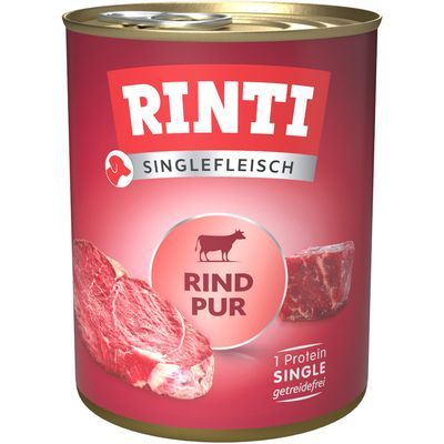 RINTI Singlefleisch Rind Pur, 1 Protein, single, graanvrij. Blik met afbeelding van rundvlees en koe-pictogram. Tekst deels in het Duits zichtbaar op de verpakking.