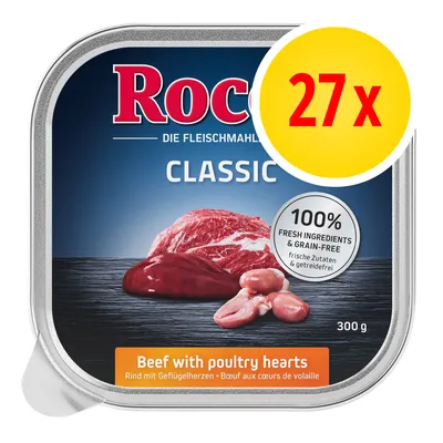 Rocco Classic Beef with poultry hearts, 27-pack, 300 g. Text: 100% fresh ingredients & grain-free. Bild på kött och hjärtan.