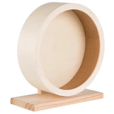 Ruota in legno chiaro con superficie interna in sughero e base stabile, adatta per piccoli animali.