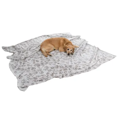Pies leży na dużym, jasnoszarym kocu z wzorem łapek i kwiatów. Widoczny materiał to miękka tkanina.
