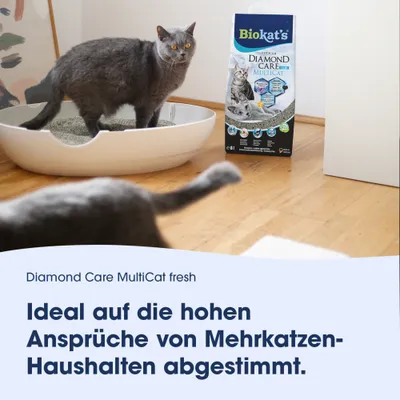 Biokat's Diamond Care MultiCat fresh Katzenstreu. Ideal auf die hohen Ansprüche von Mehrkatzen-Haushalten abgestimmt.