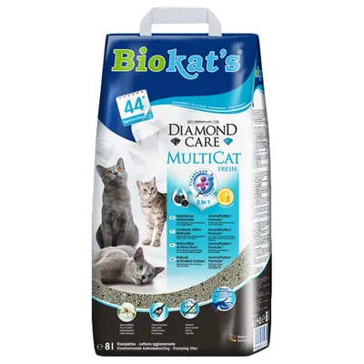 Biokat's Diamond Care MultiCat Fresh klontvormende kattenbakvulling, 8 liter. Tekst: natuurlijke actieve kool, Aromaprotect Formula, geschikt voor meerdere katten.