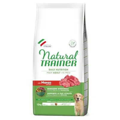 Zak Natural Trainer Maxi Adult >15 Mesi hondenvoer met Manzo, 12 kg. Tekst: Daily Nutrition, Benessere intestinale, Supporta la sua vitalità. Afbeelding van hond en rundvlees.