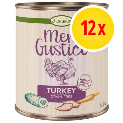 Lukullus Menu Gustico Turkey Grain-Free, 800 g burk. Text: 'Ingredients in human-grade quality'. Bild på kalkon, gurka, sötpotatis och morot. Gul cirkel med röd text: 12 x.