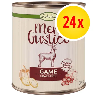 Lukullus Menu Gustico GAME Grain-Free, 800 g purkki, 24x. Teksti: Ingredients in human-grade quality. Kuvassa hirvi, peruna, kurpitsa ja marjoja. Lukullus Menu Gustico GAME Grain-Free, 800 g purkki, 24x. Teksti: Ingredients in human-grade quality. Kuvassa hirvi, peruna, kurpitsa ja marjoja.