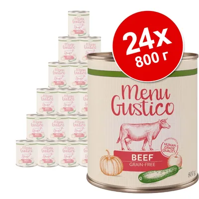 24 банки по 800 г Menu Gustico Beef Grain-Free. На упаковке изображены корова, тыква и кабачок. Видна надпись: 'Human-grade quality'.