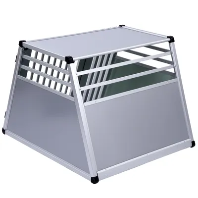 Transporter dla psa z metalu i tworzywa, trapezowy kształt, kratki wentylacyjne po bokach, zamknięta tylna i dolna ścianka, brak widocznych oznaczeń marki.