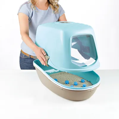 Bac à litière pour chat avec couvercle bleu amovible, poignée latérale et porte transparente, femme soulevant le couvercle, litière et accessoires bleus visibles à l’intérieur.