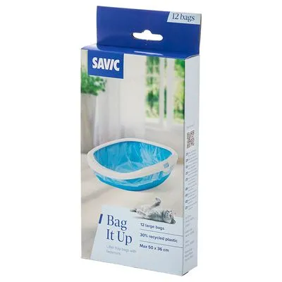 Savic Bag It Up, 12 grote zakken, 30% gerecycled plastic, max 50 × 36 cm. Kattenbakzakken met trekkoord zichtbaar op verpakking.