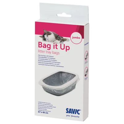 Savic Bag it Up litter tray bags jumbo, kattebakkeposer med fastgørelse, egnet til bakker op til 67×48 cm. Billedet viser emballagen og en kattebakke med pose.
