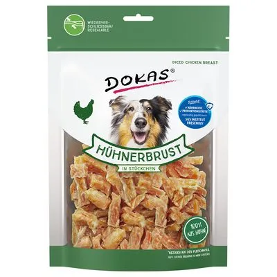 Zak Dokas Hühnerbrust in Stöckchen, stukjes kipfilet voor honden. Tekst: 100% aus Huhn, wiederverschließbar, geprüft vom SGS Institut Fresenius.