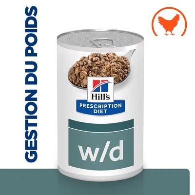 Boîte de pâtée Hill's Prescription Diet w/d, texte visible : GESTION DU POIDS, image d'une cuillère avec pâtée et pictogramme poulet orange en haut à droite.