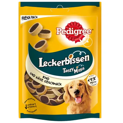 Pedigree Leckerbissen Tasty Minis, okus govedina in sir, Fresh Pack, manj kot 5 % maščobe, omega 3, vitamin E, brez umetnih arom.