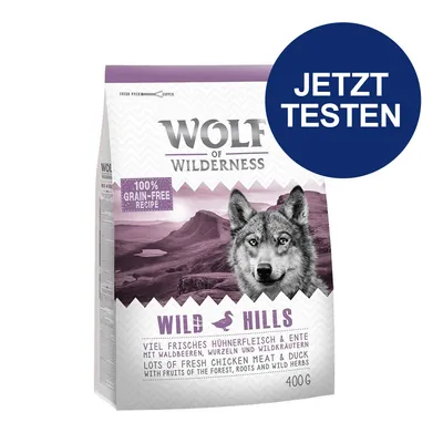 Wolf of Wilderness Wild Hills, 100% grain-free Rezept mit frischem Hühnerfleisch und Ente, Waldbeeren, Wurzeln und Wildkräutern. Jetzt testen. 400g Packung.