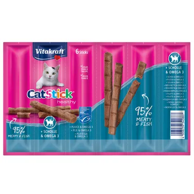 Vitakraft CatStick healthy, 6 пръчици, 95% месо и риба, калкан и Омега 3, без захар, без зърнени, MSC-сертифициран.