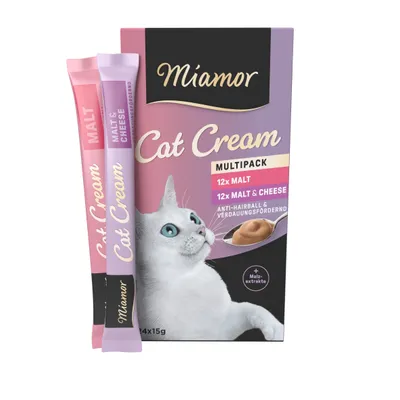 Miamor Cat Cream Multipack, 12x Malt, 12x Malt & Cheese, anti-boules de poils, favorise la digestion, boîte et deux sticks visibles, extrait de malt indiqué sur l’emballage.