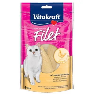 Vitakraft Premium Filet, 100% mager kipfilet, zonder kleur- en conserveermiddelen, kunstmatige smaakversterkers. Verpakking bevat 4 filets. Vitakraft Premium Filet, 100% mager kipfilet, zonder kleur- en conserveermiddelen, kunstmatige smaakversterkers. Verpakking bevat 4 filets.