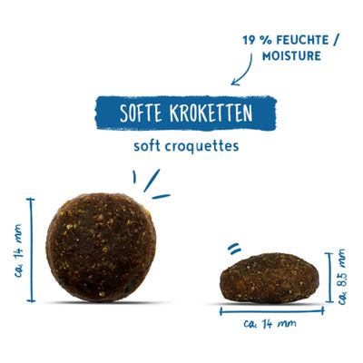 Softe Kroketten, Durchmesser ca. 14 mm, Höhe ca. 8,5 mm, 19% Feuchte. Text: soft croquettes.