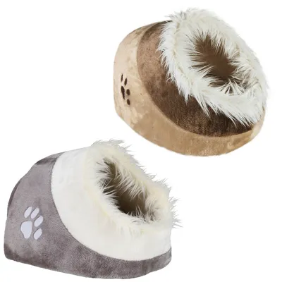 Two cosy pet caves made of plush: one brown with paw motif, one grey-white with paw embroidery, both with soft faux fur trim.
