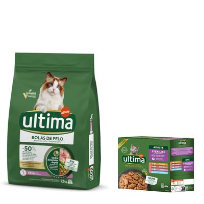 7,5 kg Ultima Cat + 8 x 85 g Sterilized Umido per gatto gratis! 7,5 kg Hairball Tacchino